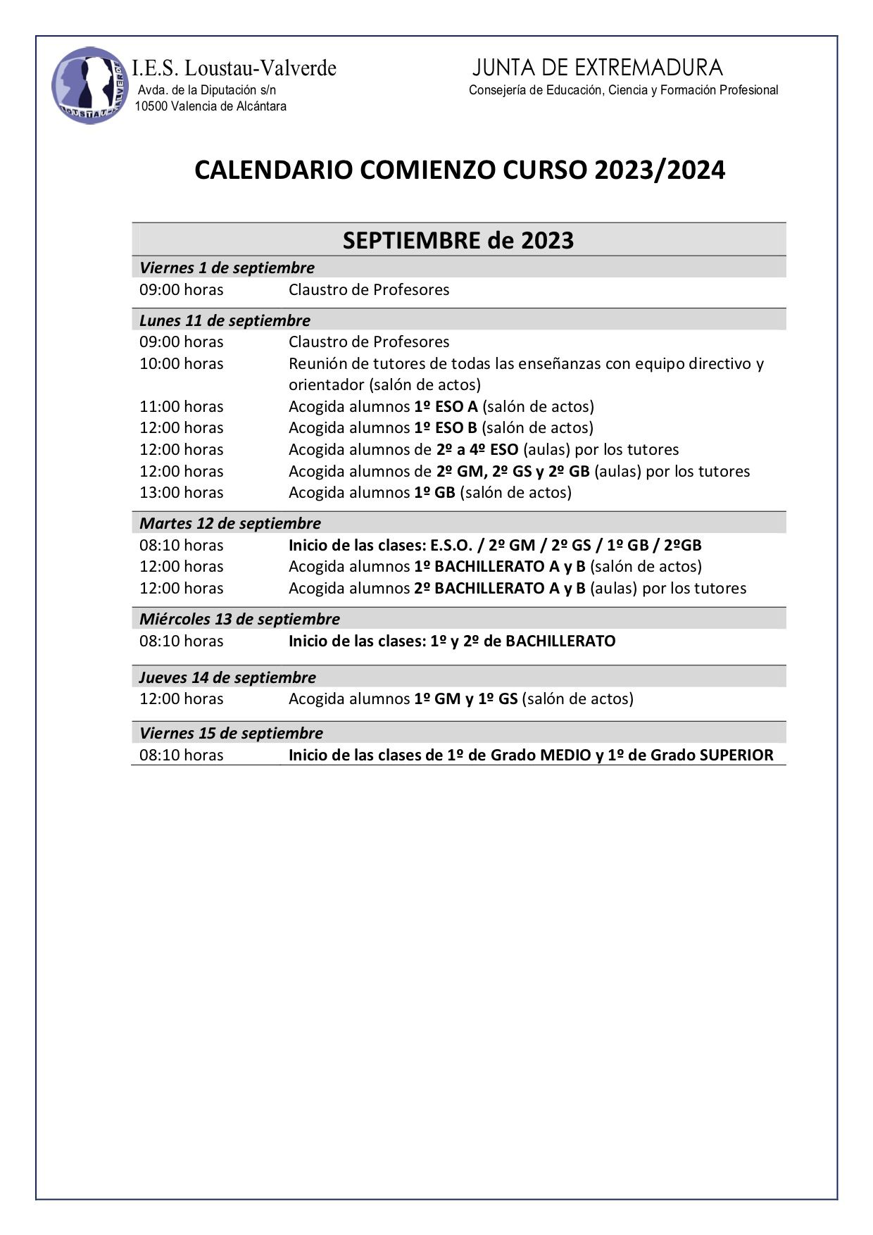 CARTA A PROFES INICIO CURSO 2023 24